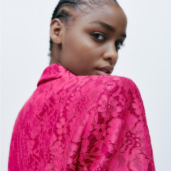ZARA Tailored Lace Floral Blazer | Fuchsia | M - Picture 12 of 15